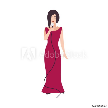 Smiling singer, vocalist or songstress wearing elegant evening dress and holding microphone