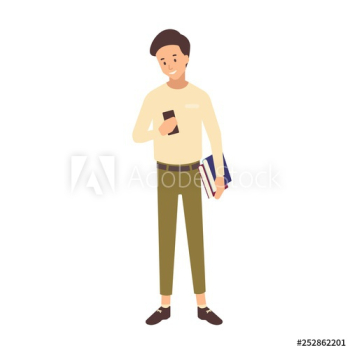Smiling teenage school boy with short hair holding textbooks and smartphone Smiling teenage school boy with short hair holding textbooks and smartphone