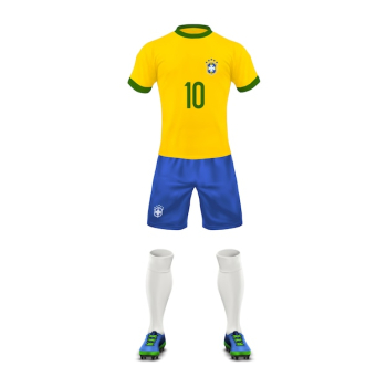 Soccer uniform of a Brazil team, set of sports wear, shirt, shorts, socks and boots