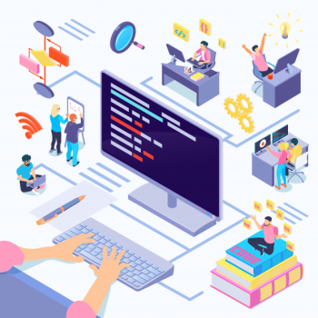 Software developers during coding composition with creative decisions algorithmic complexity documentation by programming languages isometric Free Vector