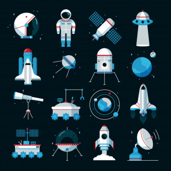 Spacecrafts flat icons set with cosmonaut space suit and equipment