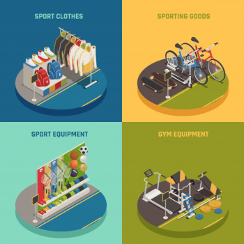 Sport shop isometric with clothing gaming inventory bicycles and skateboards gym equipment Free Vector