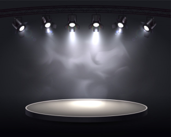 Spotlights realistic composition with round plot highlighted by six spot lights throwing bright light through smoke Free Vector