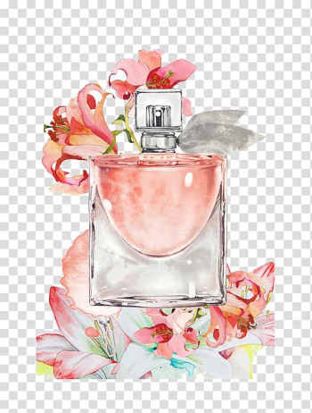 Spray bottle beside flowers illustration, Perfume Bottle Painting, perfume transparent background PNG clipart