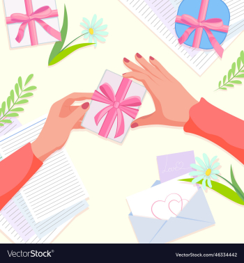 spring card with female hands and a gift top