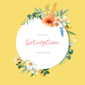 Spring wreath frame fresh flowers, decor card with floral colorful garden, wedding, invitation Free Vector