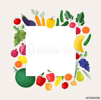 Square background or banner template with frame made of fresh organic locally grown fruits and vegetables