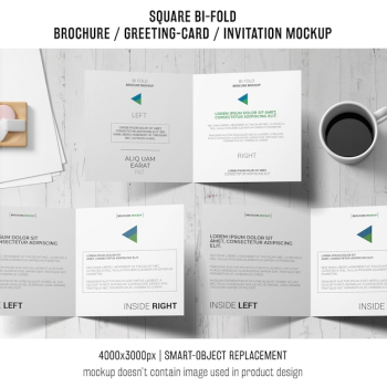 square bi-fold brochure or greeting card mockup of three with coffee