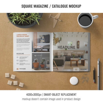 square magazine or catalogue mockup with coffee and objects