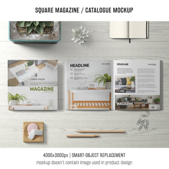 square magazine or catalogue mockup with still life from above