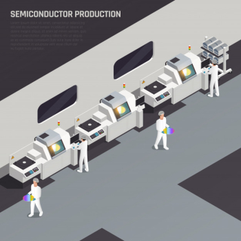 Ssemiconductor chip production isometric composition with editable text and hi-tech manufactory with characters of workers vector illustration Free Vector