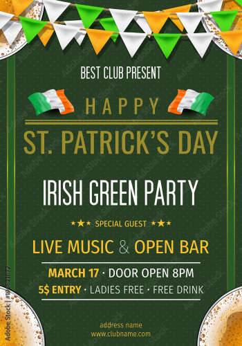 St. Patrick's Day party poster "IRISH GREEN PARTY". Clover leaves with coins on green background for greeting holiday design, invitation template. Vector illustration.