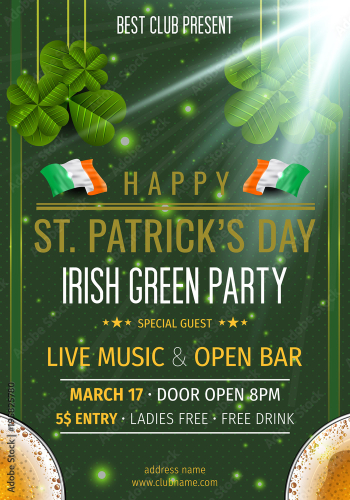 St. Patrick's Day party poster "IRISH GREEN PARTY". Clover leaves with coins on green background for greeting holiday design, invitation template. Vector illustration.