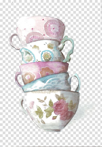 Stack of five floral teacups artwork, Teacup Coffee Watercolor painting, Mug transparent background PNG clipart