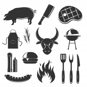 Steakhouse vintage elements collection with isolated silhouette monochrome images of meat products spices sauces and cutlery vector illustration Free Vector