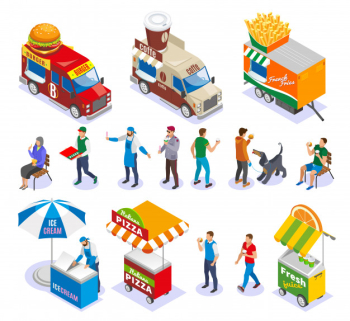 Street food carts and vehicles sellers and customers set of isometric icons Free Vector