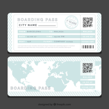 Striped boarding pass template with blue world map