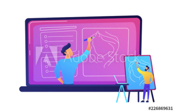 Student watching online tutorial on a big laptop vector illustration Student watching online tutorial on a big laptop vector illustration