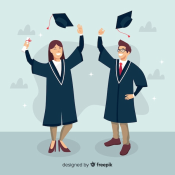 Students graduation hats in the air