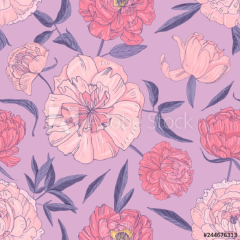 Stylish seamless pattern with beautiful blooming peonies on purple background
