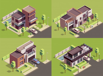 Suburbian buildings isometric 2x2 compositions set with four landmarks residential yards landscapes with modern villa houses Free Vector