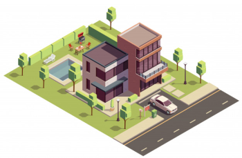 Suburbian buildings isometric composition with above view of private residential building with car and backyard pool Free Vector