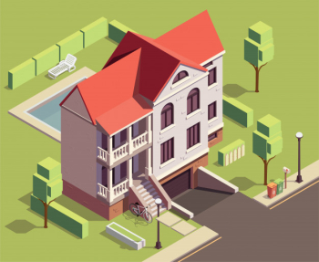 Suburbian buildings isometric composition with outdoor scenery and two-storey living house with yard and trees Free Vector