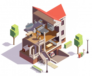 Suburbian buildings isometric composition with profile view of villa residential building with overview of living rooms Free Vector