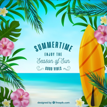 Summer background with surf board and flowers