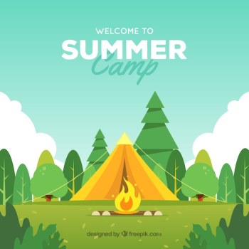 Summer camp background with trees and campfire