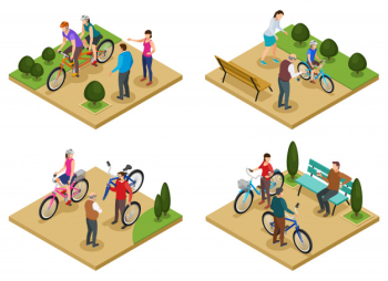Summer vacation 2x2 design concept set of isometric compositions with people riding bicycles in city park vector illustration Free Vector