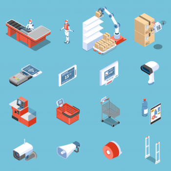 Supermarket of future isometric icons set of scanner for buyers robot unloader anti theft doors electronic price tag isolated Free Vector