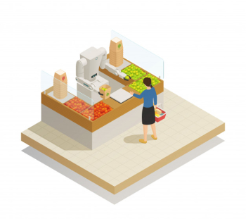 Supermarket robotic technology isometric composition Free Vector Supermarket robotic technology isometric composition Free Vector
