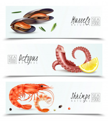 Sustainable seafood choice 3 realistic horizontal banners with mussels shrimps octopus appetizer cocktail ingredients isolated Free Vector