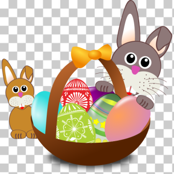 SVG Baby rabbit and a bunny behind Easter egg basket vector illustration