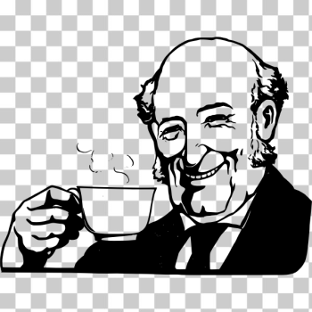 SVG Bald man drinks steaming tea black and white vector graphics
