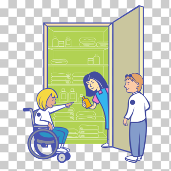SVG Disabled kid in front of food cupboard vector drawing SVG Disabled kid in front of food cupboard vector drawing