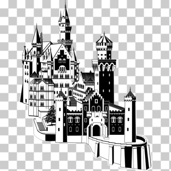 SVG Neuschwanstein castle in black and white vector clip art