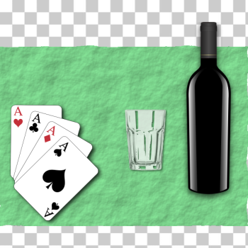 SVG Vector illustration of four playing cards a glass and bottle of wine