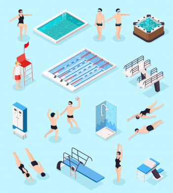 Swimming pool isometric set with equipment, isolated vector illustration Free Vector