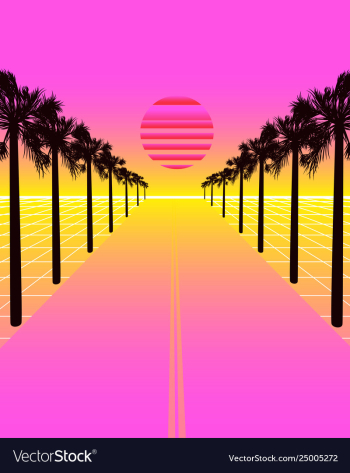 Synthwave with dream road grid and palms vector image Synthwave with dream road grid and palms vector image