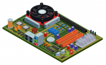 System plate for pc isometric illustration with semiconductor elements slots microchips capacitors diodes transistors Free Vector