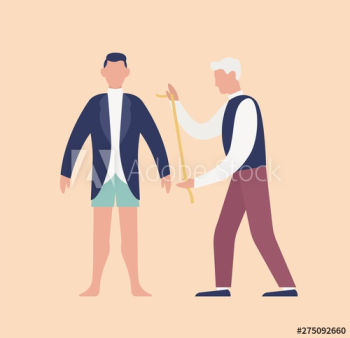 Tailor measuring cute young man in tuxedo or groom with tape measure and fitting