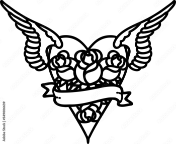 tattoo in black outline style of a flying heart with flowers and banner