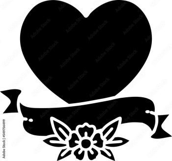 tattoo in black outline style of a heart and banner