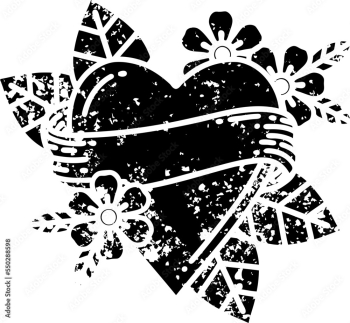 tattoo in black outline style of a heart and banner