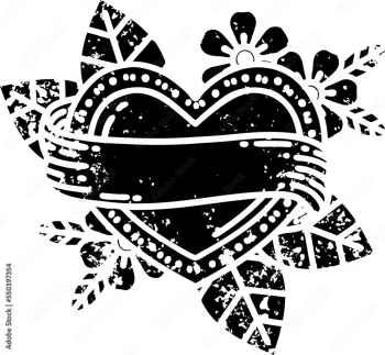 tattoo in black outline style of a heart and banner