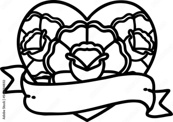 tattoo in black outline style of a heart and banner with flowers