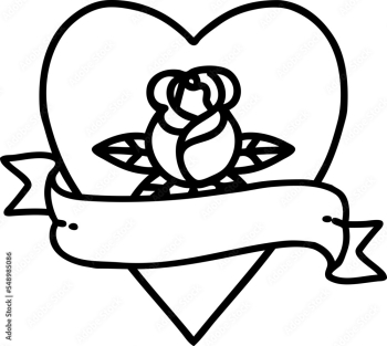 tattoo in black outline style of a heart rose and banner