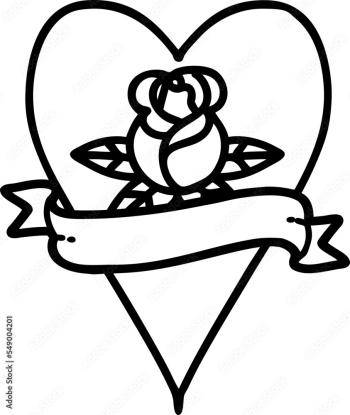 tattoo in black outline style of a heart rose and banner